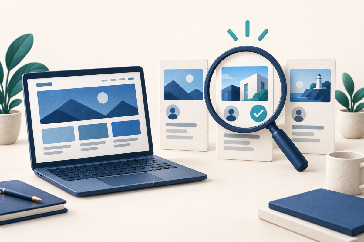 Magnifying glass selecting a developer portfolio beside a laptop displaying a website.