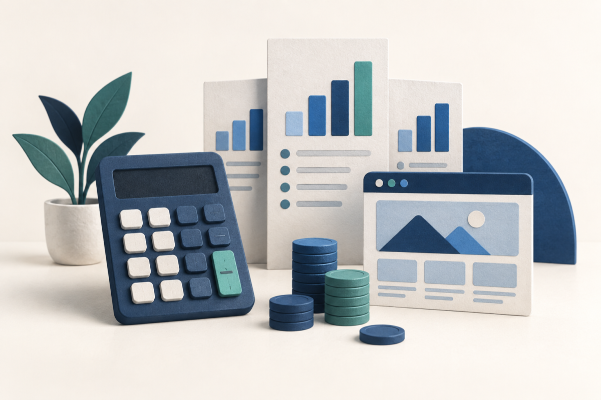 Calculator, cost estimate sheets and coins beside a website layout.